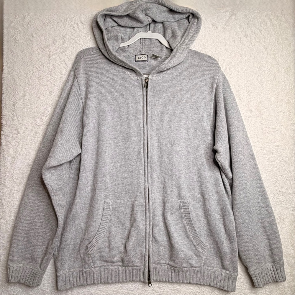 IZOD Full Zip Hooded Sweater 100% Cotton Elbow Patches Gray Men's XL